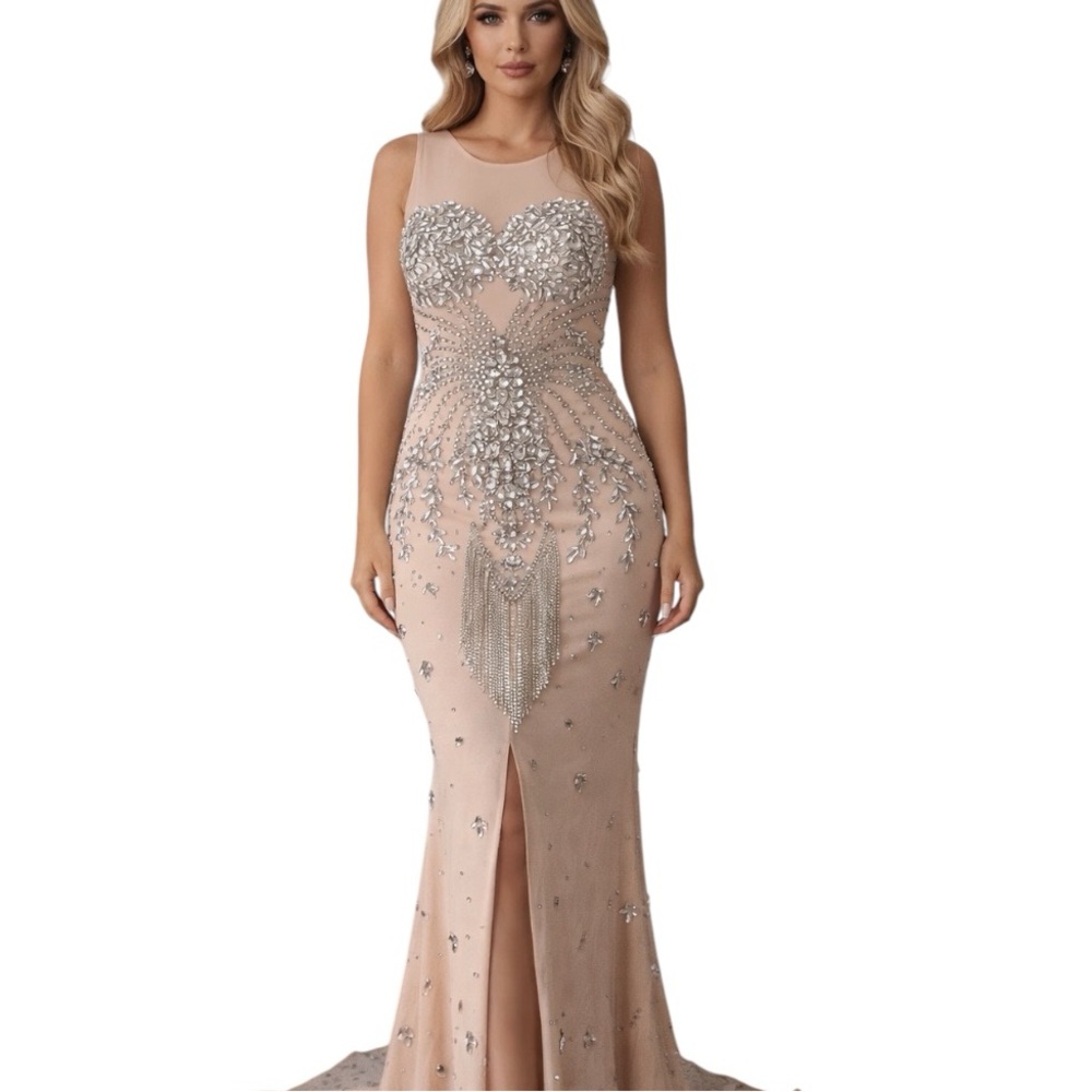 Nude Rhinestone Illusion Mesh Mermaid Gown Floor Length Evening Dress Statement